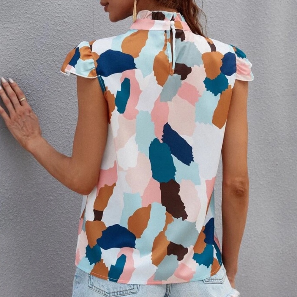 Boho Butterfly Sleeve Mock Neck Watercolor Top